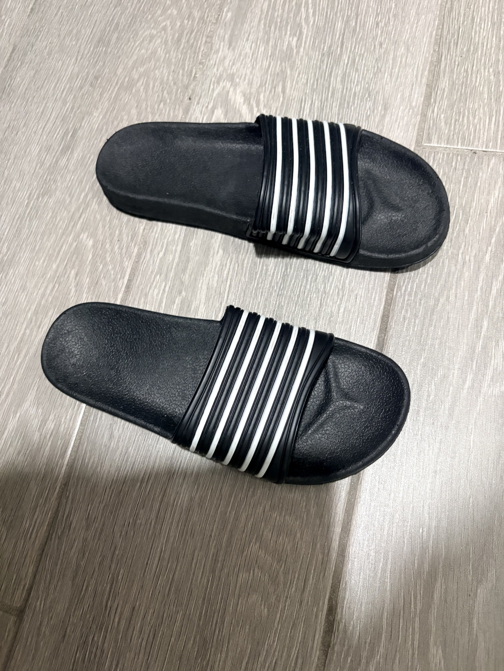 Black Slide Sandals with White Striped Strap